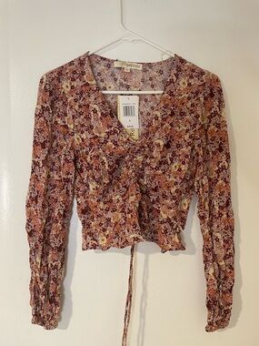 Rewind Rust Multi Floral Tie-Front Long Sleeve Blouse